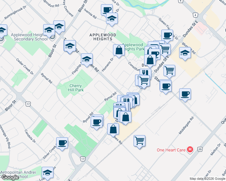 map of restaurants, bars, coffee shops, grocery stores, and more near 3083 McCarthy Court in Mississauga