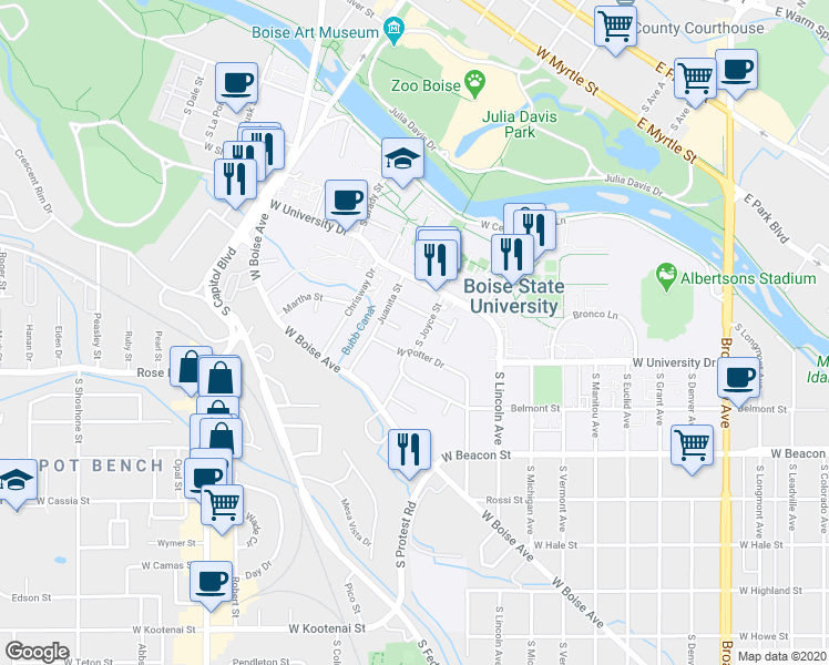 map of restaurants, bars, coffee shops, grocery stores, and more near 1404 South Joyce Street in Boise