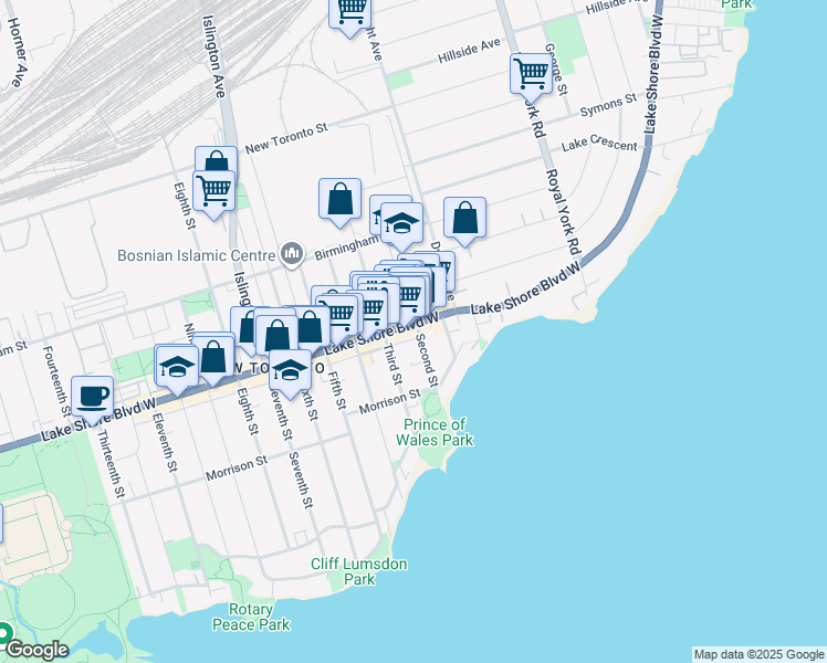 map of restaurants, bars, coffee shops, grocery stores, and more near 2765 Lake Shore Boulevard West in Toronto