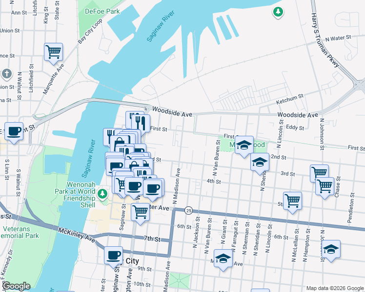 map of restaurants, bars, coffee shops, grocery stores, and more near 1201 North Madison Avenue in Bay City
