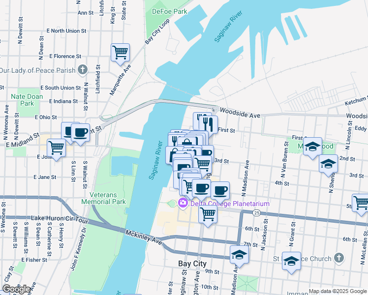 map of restaurants, bars, coffee shops, grocery stores, and more near 1124 North Water Street in Bay City