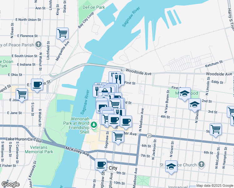 map of restaurants, bars, coffee shops, grocery stores, and more near 1115 2nd Street in Bay City