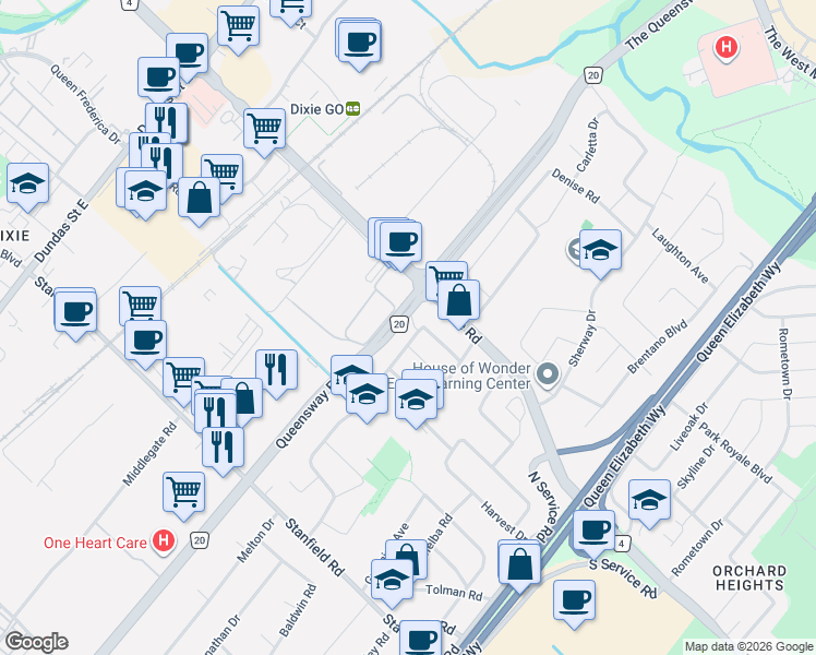 map of restaurants, bars, coffee shops, grocery stores, and more near 1349 Melton Drive in Mississauga
