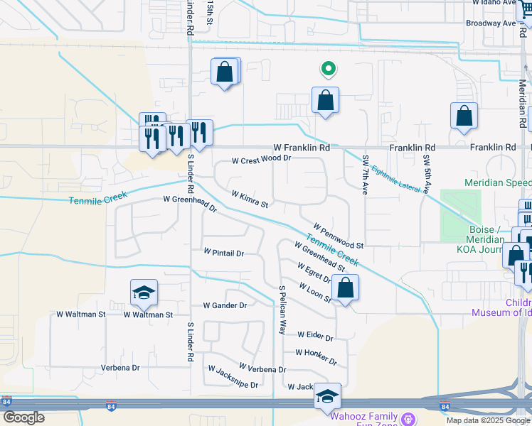 map of restaurants, bars, coffee shops, grocery stores, and more near 1229 West Kimra Street in Meridian