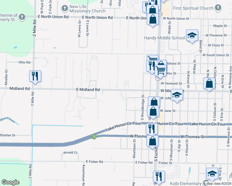 map of restaurants, bars, coffee shops, grocery stores, and more near 3332 East Midland Road in Bay City