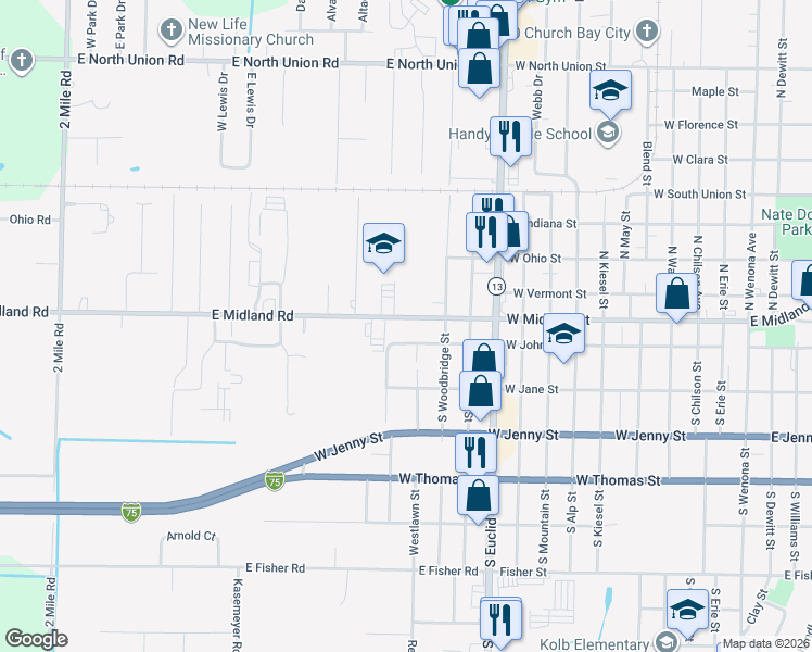 map of restaurants, bars, coffee shops, grocery stores, and more near 3402 East Midland Road in Bay City