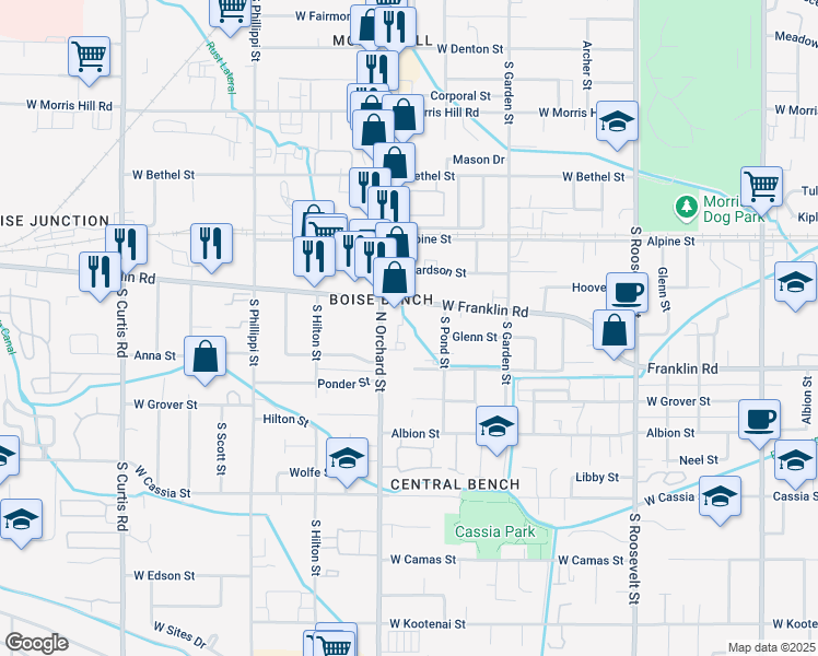 map of restaurants, bars, coffee shops, grocery stores, and more near 4929 West Franklin Road in Boise