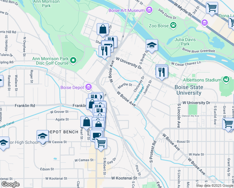 map of restaurants, bars, coffee shops, grocery stores, and more near 2389 West Boise Avenue in Boise