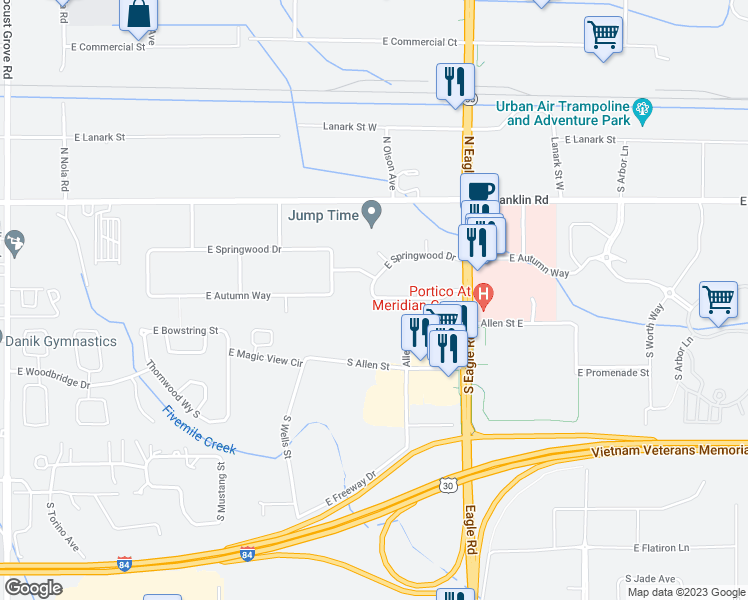 map of restaurants, bars, coffee shops, grocery stores, and more near 2875 Autumn Way in Meridian