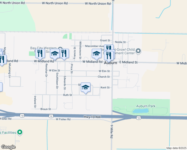 map of restaurants, bars, coffee shops, grocery stores, and more near 200-298 Church St in Auburn