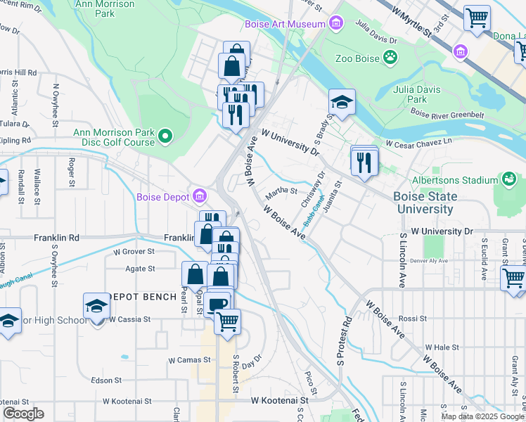 map of restaurants, bars, coffee shops, grocery stores, and more near 2389 West Boise Avenue in Boise