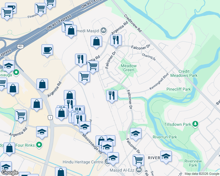 map of restaurants, bars, coffee shops, grocery stores, and more near 120 Falconer Drive in Mississauga