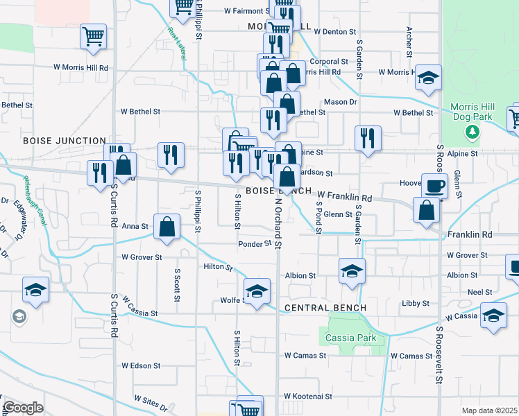 map of restaurants, bars, coffee shops, grocery stores, and more near 5007 West Franklin Road in Boise