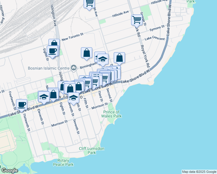 map of restaurants, bars, coffee shops, grocery stores, and more near 2765 Lake Shore Boulevard West in Toronto