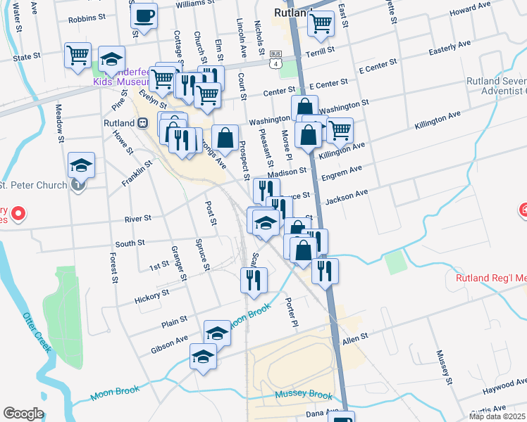 map of restaurants, bars, coffee shops, grocery stores, and more near 78/82 Strongs Avenue in Rutland