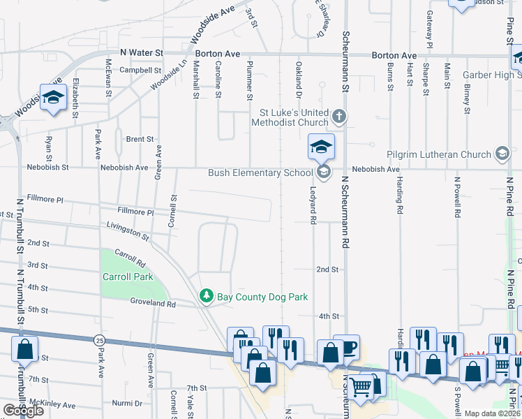 map of restaurants, bars, coffee shops, grocery stores, and more near 719-999 Avondale St in Bay City