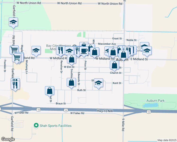 map of restaurants, bars, coffee shops, grocery stores, and more near 202 Price Street in Auburn
