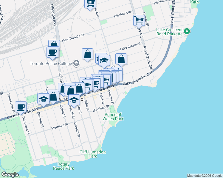 map of restaurants, bars, coffee shops, grocery stores, and more near 102 Thirty Ninth Street in Toronto