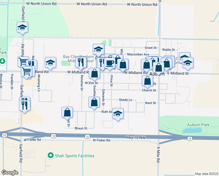 map of restaurants, bars, coffee shops, grocery stores, and more near 202 Price Street in Auburn