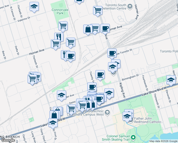 map of restaurants, bars, coffee shops, grocery stores, and more near 132 Twenty Second Street in Toronto