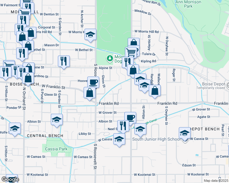 map of restaurants, bars, coffee shops, grocery stores, and more near 3940 West Glenn Street in Boise