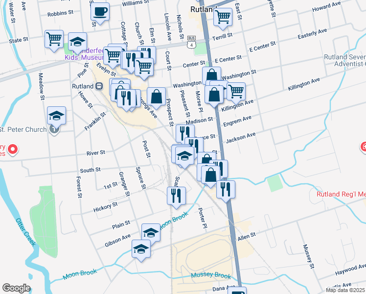 map of restaurants, bars, coffee shops, grocery stores, and more near 78/82 Strongs Avenue in Rutland