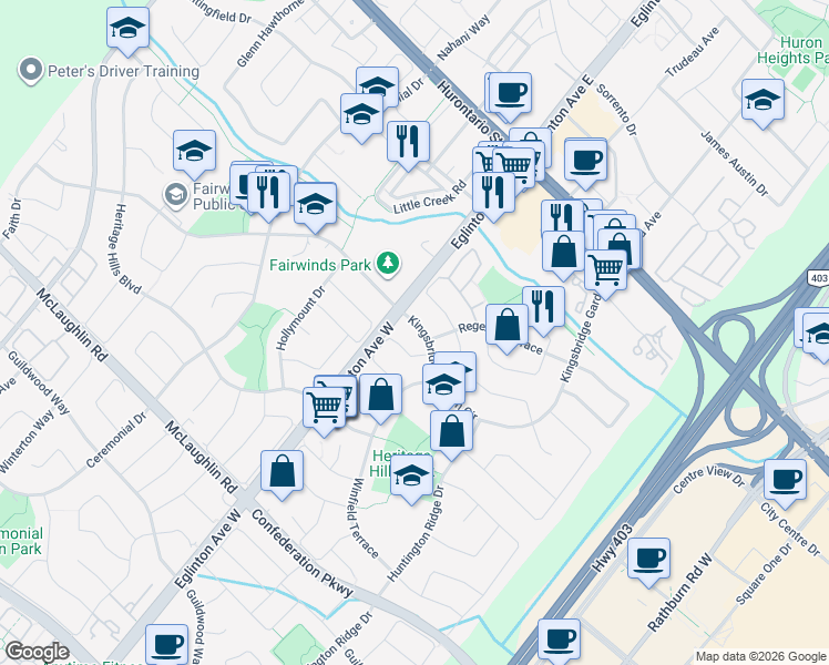 map of restaurants, bars, coffee shops, grocery stores, and more near in Mississauga