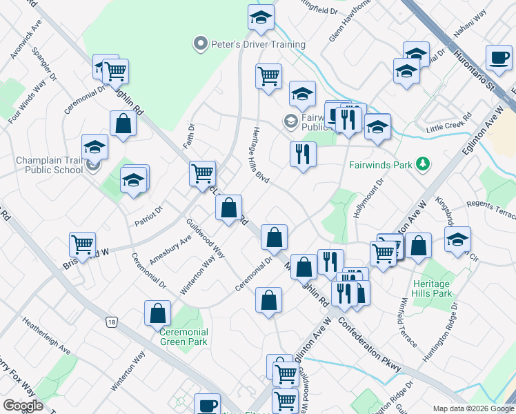 map of restaurants, bars, coffee shops, grocery stores, and more near in Mississauga