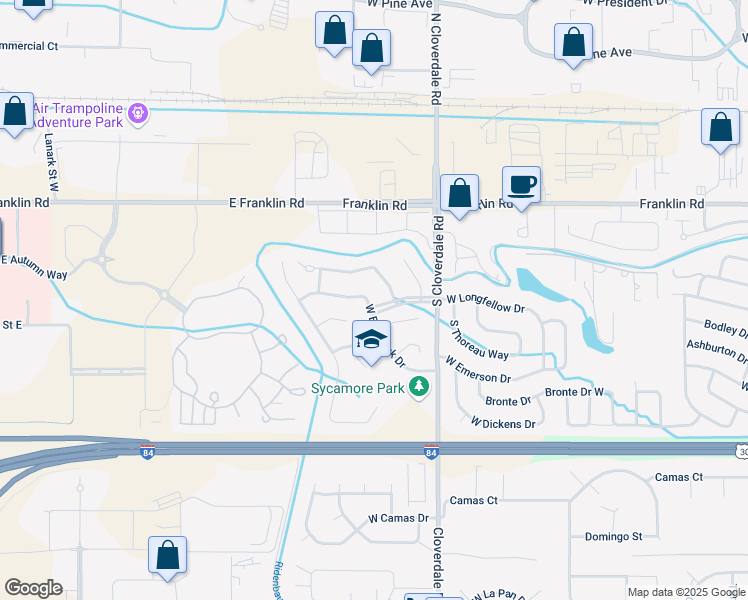 map of restaurants, bars, coffee shops, grocery stores, and more near 12416 West Braddock Drive in Boise