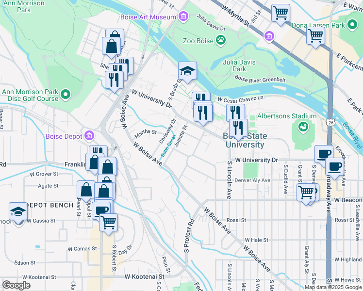 map of restaurants, bars, coffee shops, grocery stores, and more near 1923 Verna Lane in Boise
