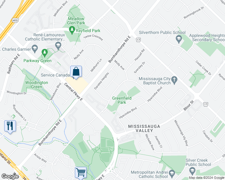 map of restaurants, bars, coffee shops, grocery stores, and more near 1094 Mississauga Valley Boulevard in Mississauga