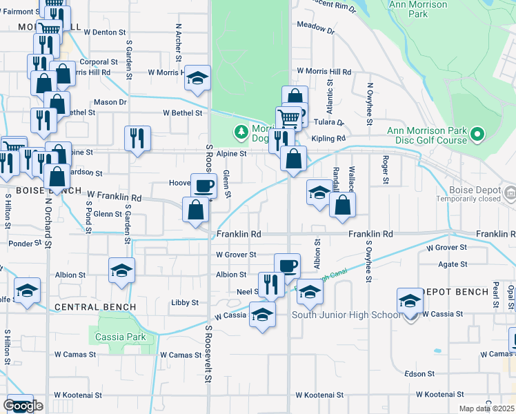 map of restaurants, bars, coffee shops, grocery stores, and more near 3940 West Glenn Street in Boise