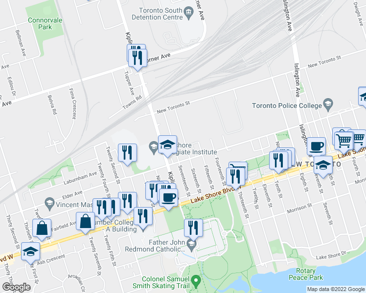 map of restaurants, bars, coffee shops, grocery stores, and more near 80 Sixteenth Street in Toronto