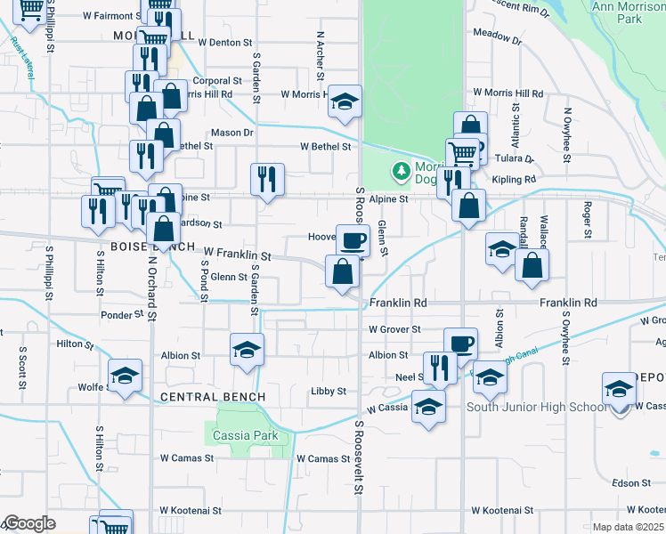 map of restaurants, bars, coffee shops, grocery stores, and more near 4346 Rose Hill Street in Boise