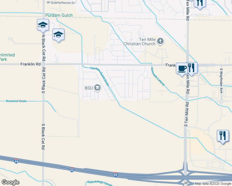map of restaurants, bars, coffee shops, grocery stores, and more near 321 South Iceberg Lake Avenue in Meridian