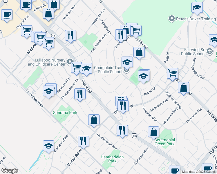 map of restaurants, bars, coffee shops, grocery stores, and more near 716 Savoy Crescent in Mississauga