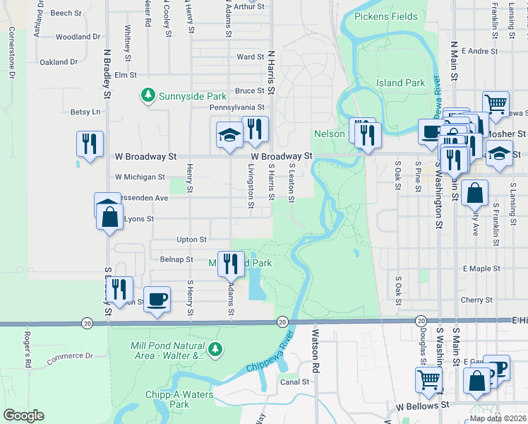 map of restaurants, bars, coffee shops, grocery stores, and more near 1002 West Lyons Street in Mount Pleasant