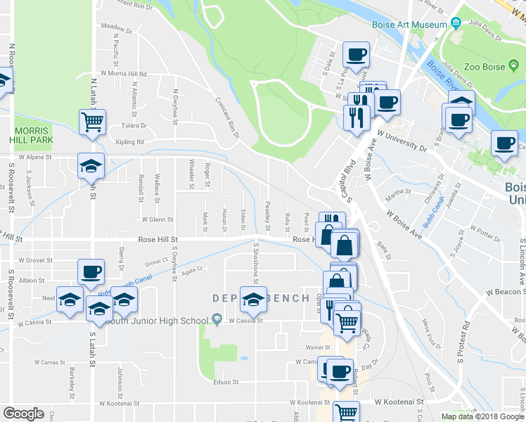 map of restaurants, bars, coffee shops, grocery stores, and more near 217 Peasley Street in Boise