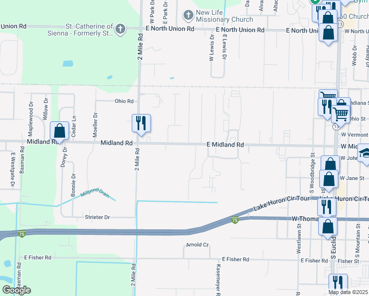 map of restaurants, bars, coffee shops, grocery stores, and more near 3108 East Midland Road in Bay City