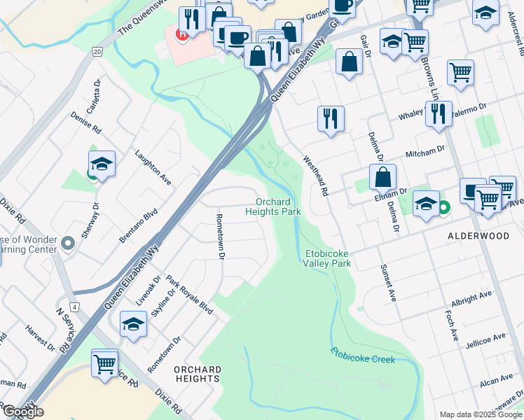 map of restaurants, bars, coffee shops, grocery stores, and more near 1696 Lincolnshire Boulevard in Mississauga