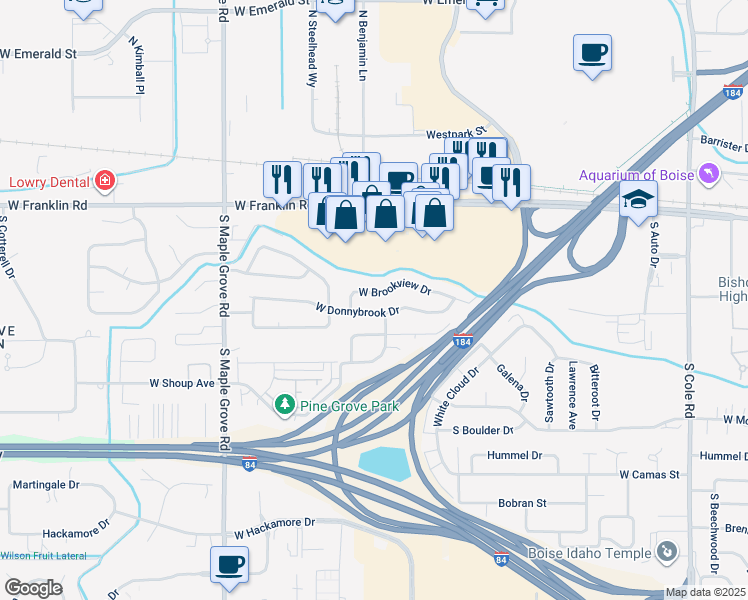 map of restaurants, bars, coffee shops, grocery stores, and more near 8481 West Brookview Drive in Boise