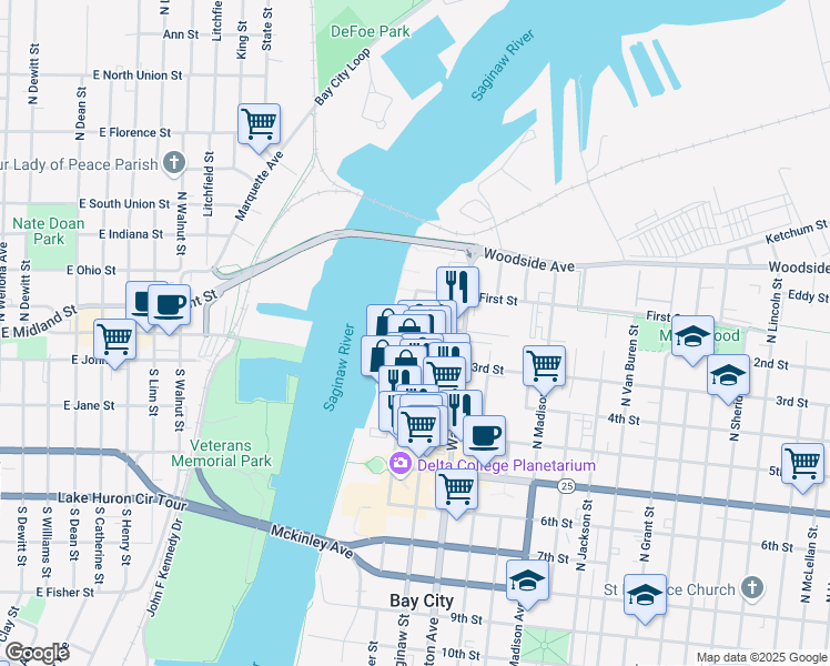 map of restaurants, bars, coffee shops, grocery stores, and more near 1124 North Water Street in Bay City