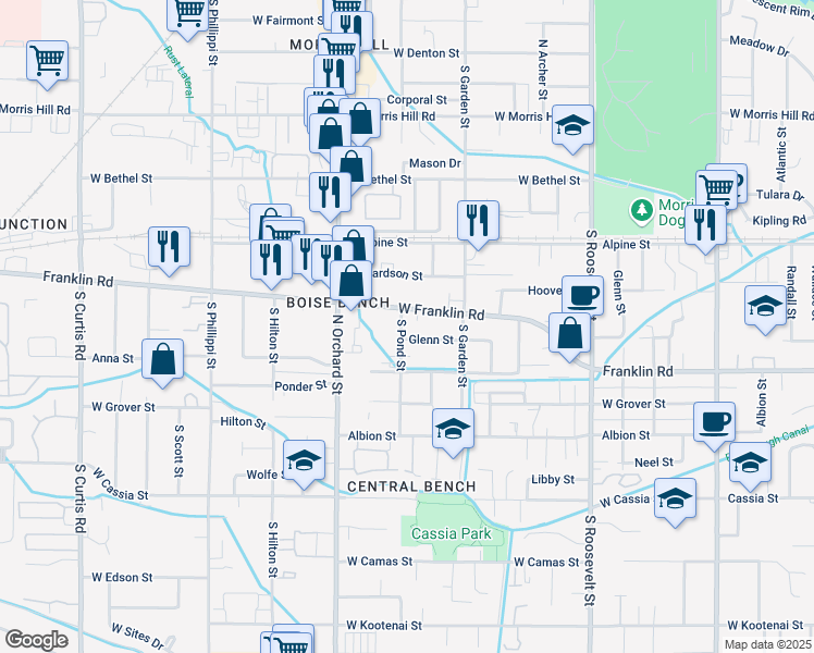 map of restaurants, bars, coffee shops, grocery stores, and more near 214 South Pond Street in Boise