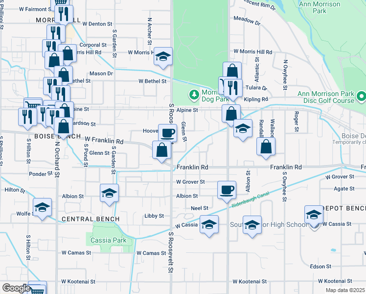 map of restaurants, bars, coffee shops, grocery stores, and more near 215 South Jackson Street in Boise