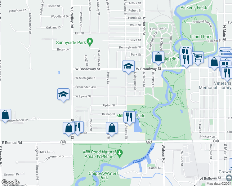 map of restaurants, bars, coffee shops, grocery stores, and more near 1302 West Lyons Street in Mount Pleasant