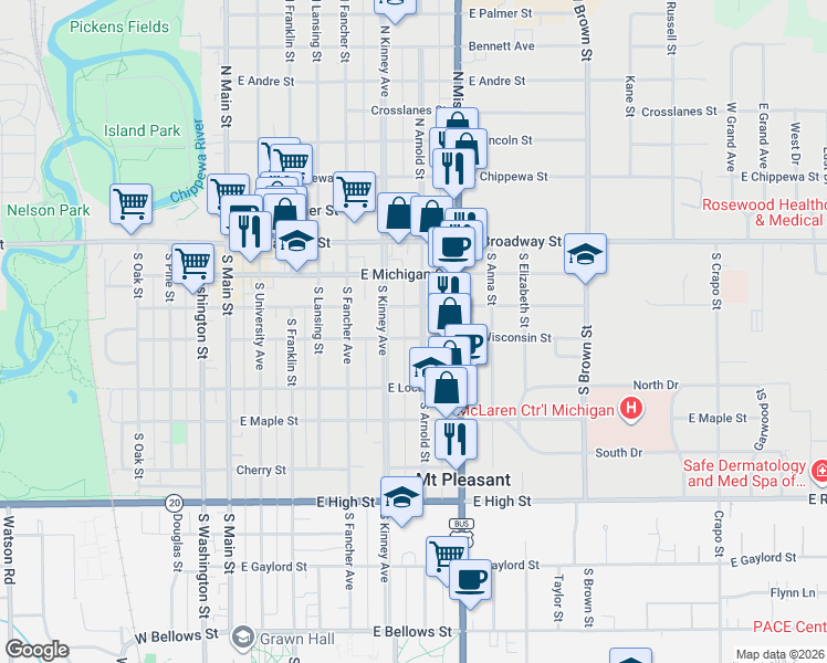 map of restaurants, bars, coffee shops, grocery stores, and more near 651 East Wisconsin Street in Mount Pleasant
