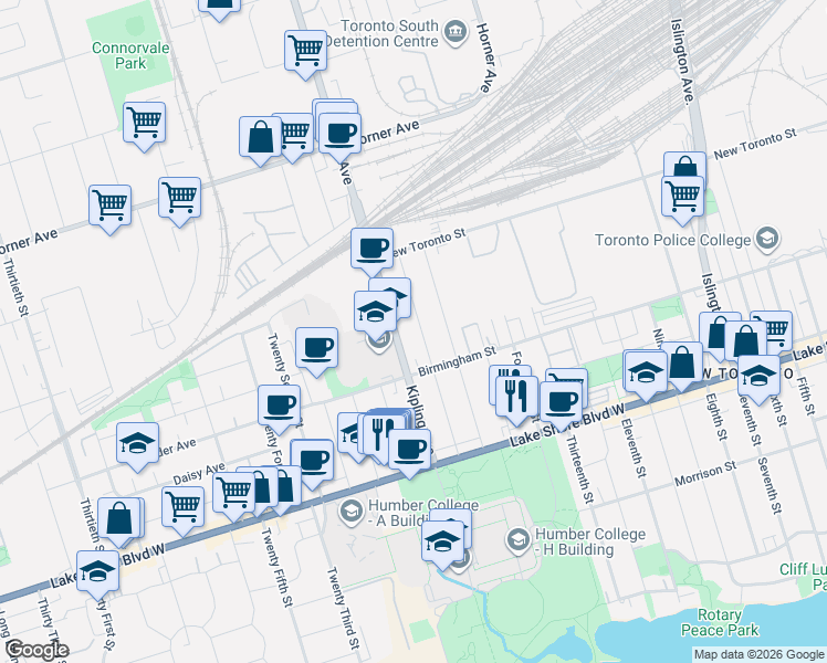 map of restaurants, bars, coffee shops, grocery stores, and more near 82 Seventeenth Street in Toronto