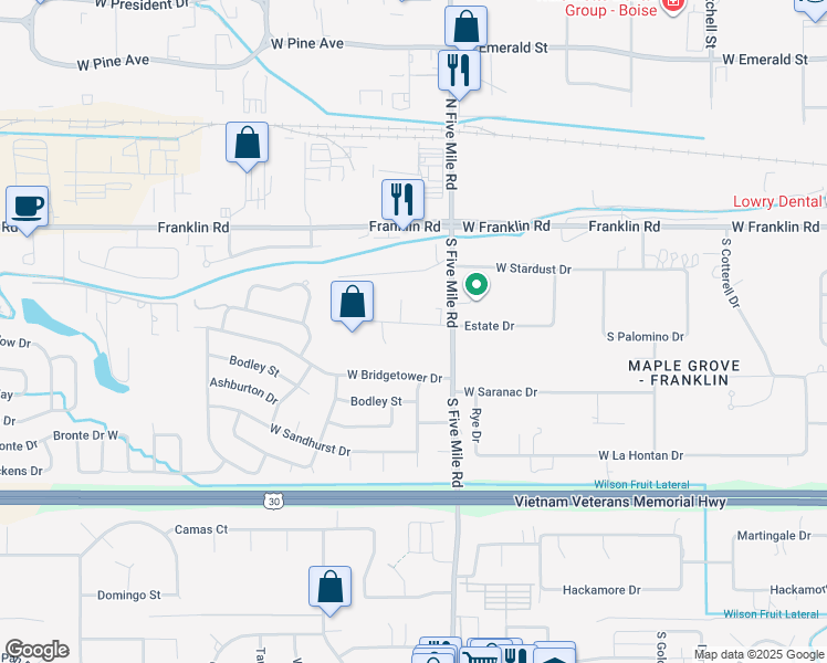 map of restaurants, bars, coffee shops, grocery stores, and more near 10619 Estate Drive in Boise