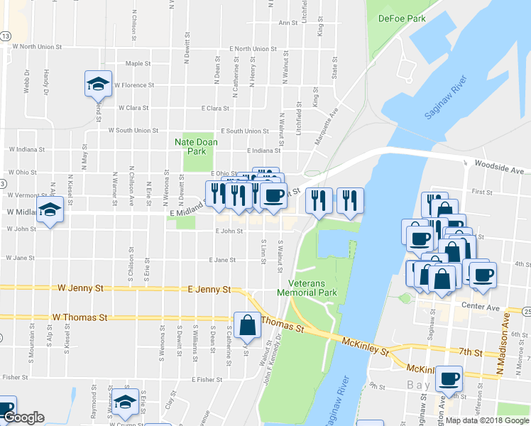 map of restaurants, bars, coffee shops, grocery stores, and more near 106 North Linn Street in Bay City