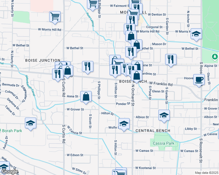map of restaurants, bars, coffee shops, grocery stores, and more near 224 South Laurel Street in Boise